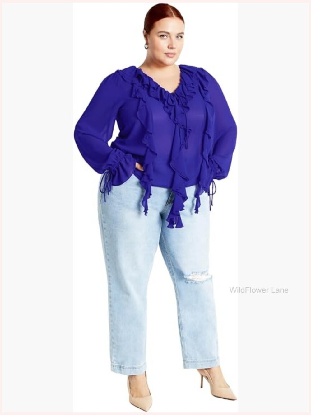 Plus Size Ruffled Neck Button-Down Blouse Long Sleeve Sheer Top